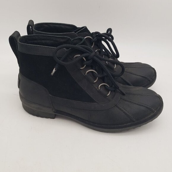 UGG Heather Black Leather Sheep Wool Waterproof Duck Boots Womens 7.5 - Picture 3 of 12